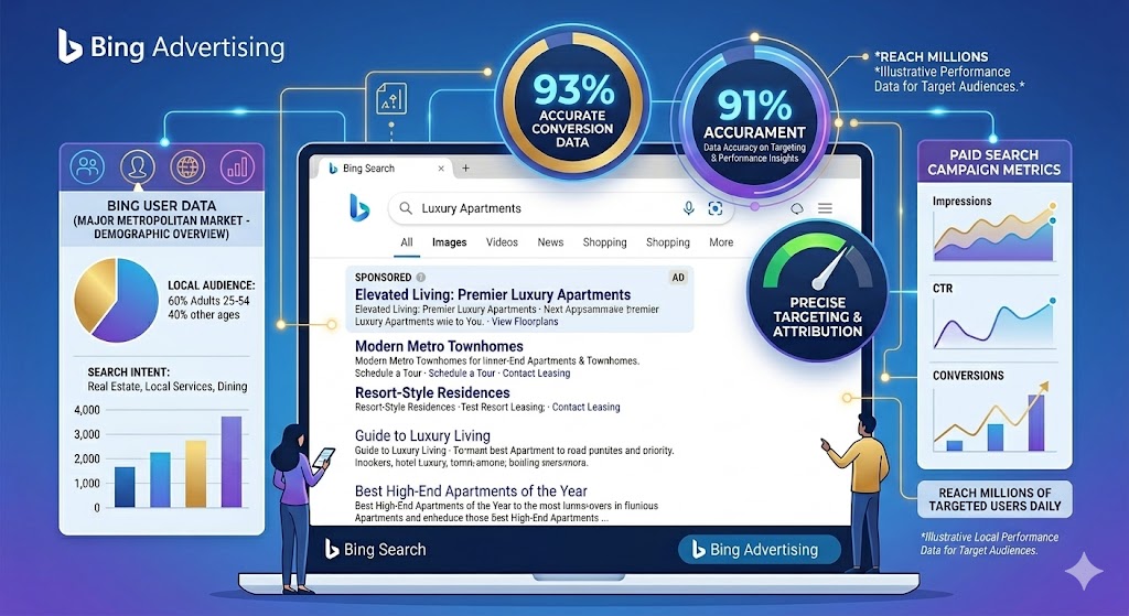 Microsoft Bing Advertising statistics showing reach across Bing, Yahoo, and AOL search networks