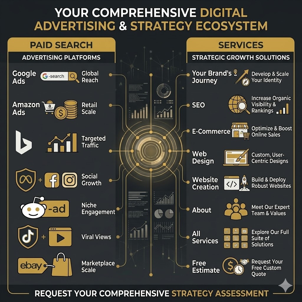 Digital advertising channels explained, showing how Google Ads, Meta Ads, Amazon, TikTok, and other platforms work together