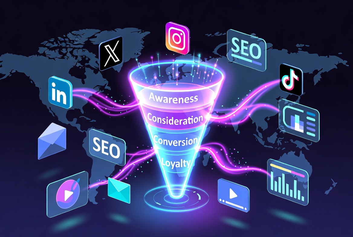 Digital advertising funnel showing how SEO, paid search and content work together to drive organic traffic and conversions