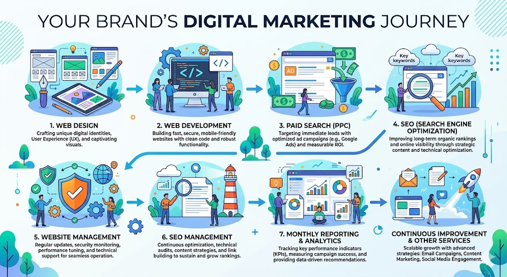 The Digital Marketing Journey, from brand foundation to paid search to SEO to ongoing management