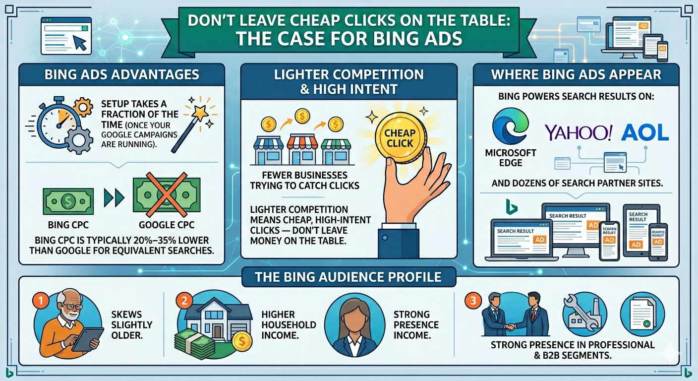 Infographic: The Case for Bing Ads – Lower CPC (20-35% cheaper), lighter competition, high-intent audience, and where Bing ads appear across Microsoft, Yahoo, AOL and more