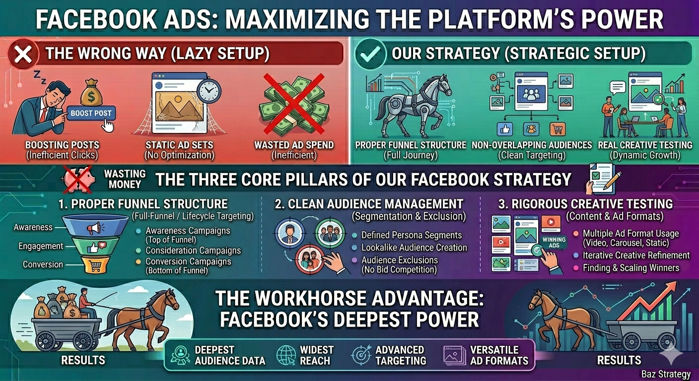 Infographic: Facebook Ads Strategy – The strategic approach to running Facebook and Instagram as one connected Meta system.