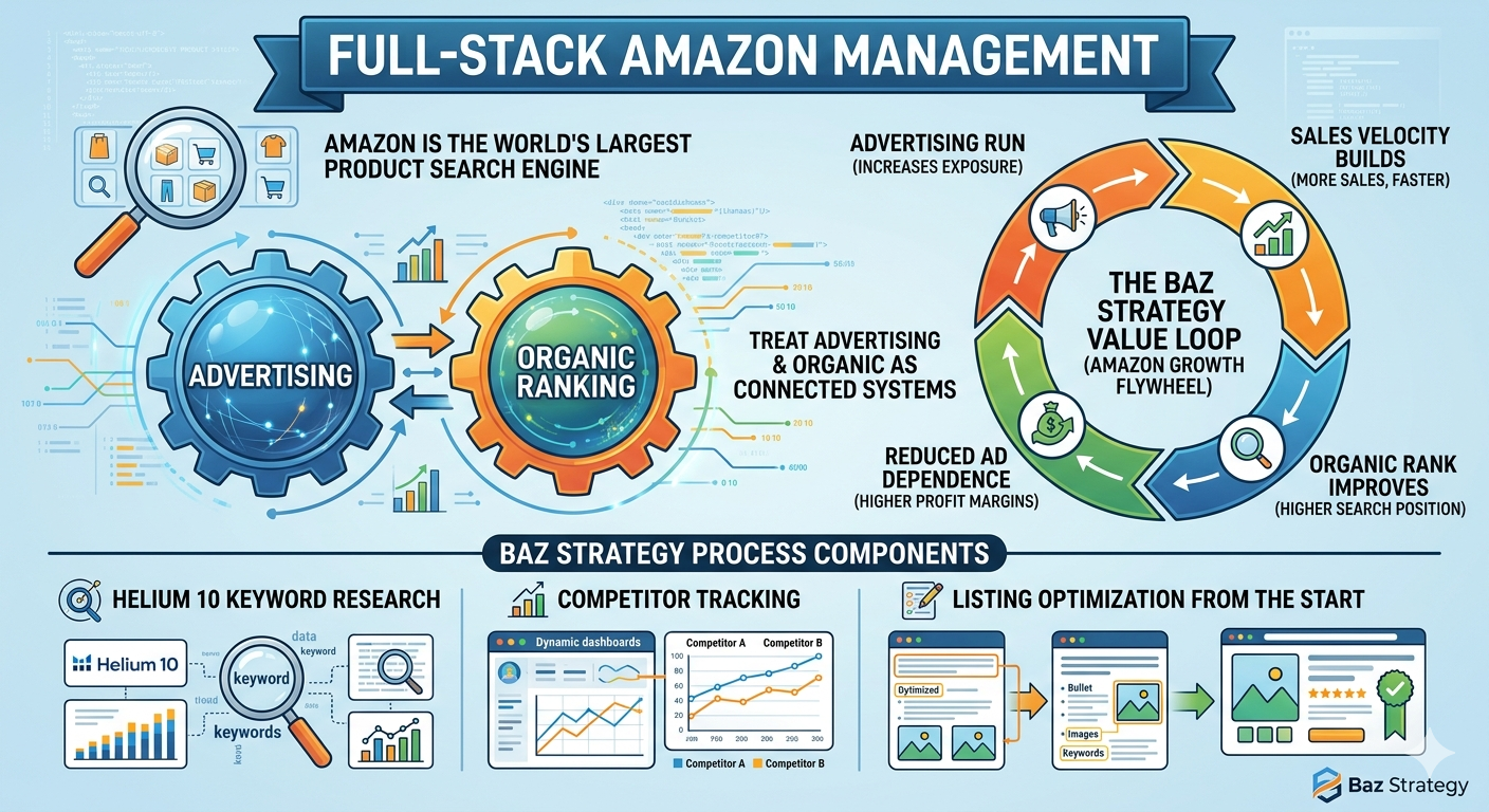 Infographic: Full-Stack Amazon Management strategy showing how Advertising and Organic Ranking work together in the BAZ Strategy Value Loop (Helium 10, Competitor Tracking, Listing Optimization)