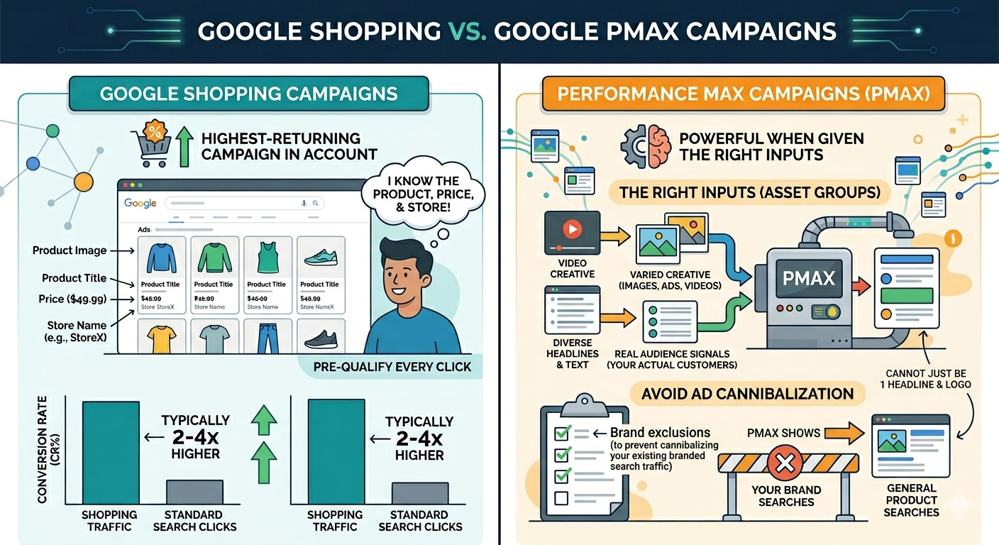 Infographic: Google Shopping Campaigns vs Performance Max (PMax) comparison – conversion rates, asset requirements, ad cannibalization risks, and best-use cases