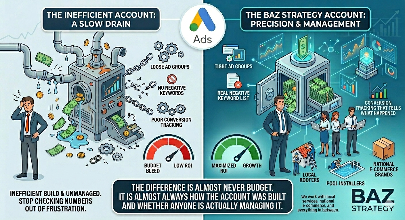 Google Ads campaign structure and strategy infographic — search, shopping, display, and performance max
