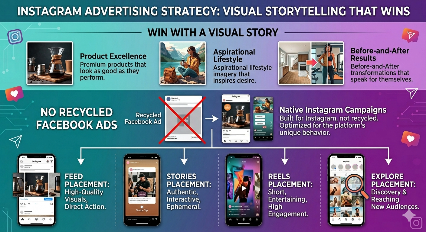 Infographic: Instagram Advertising Strategy – Win with visual storytelling using Product Excellence, Aspirational Lifestyle, and Before-and-After results. Native campaigns optimized for Feed, Stories, Reels, and Explore (no recycled Facebook ads).