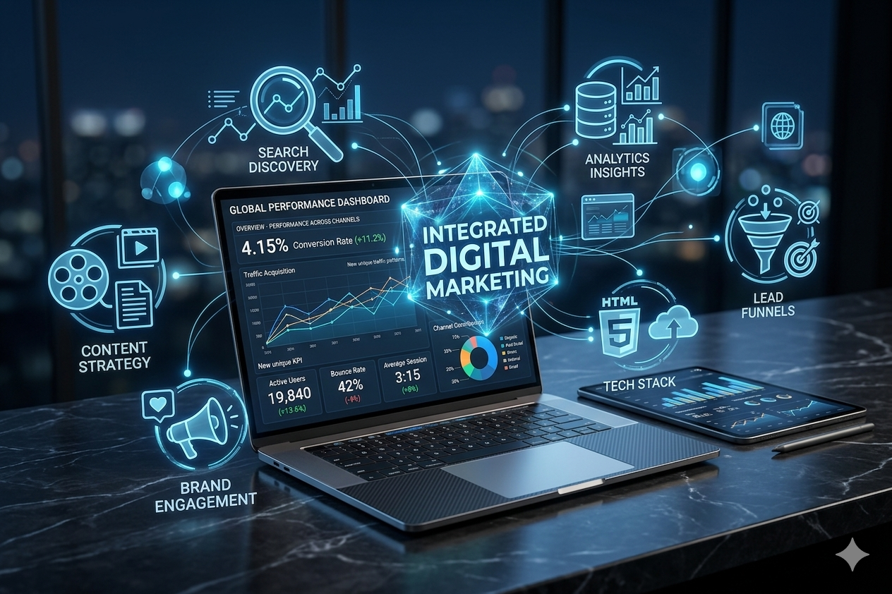 Integrated digital marketing strategy — paid search, SEO, Amazon, and social working together