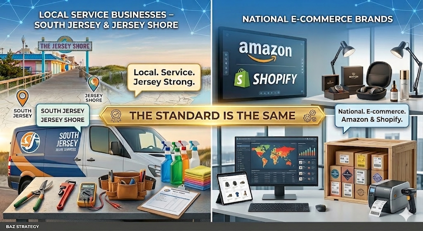 Infographic: Local Service Businesses (South Jersey & Jersey Shore) and National E-Commerce Brands (Amazon & Shopify) — The Standard Is The Same. BAZ Strategy delivers the same high-level service to both local heroes and global digital brands.
