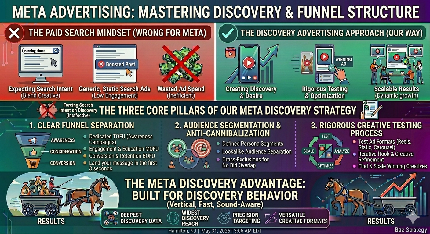 Infographic: Meta Advertising Strategy – Discovery Advertising Approach with Clear Funnel Separation, Audience Segmentation, and Rigorous Creative Testing.