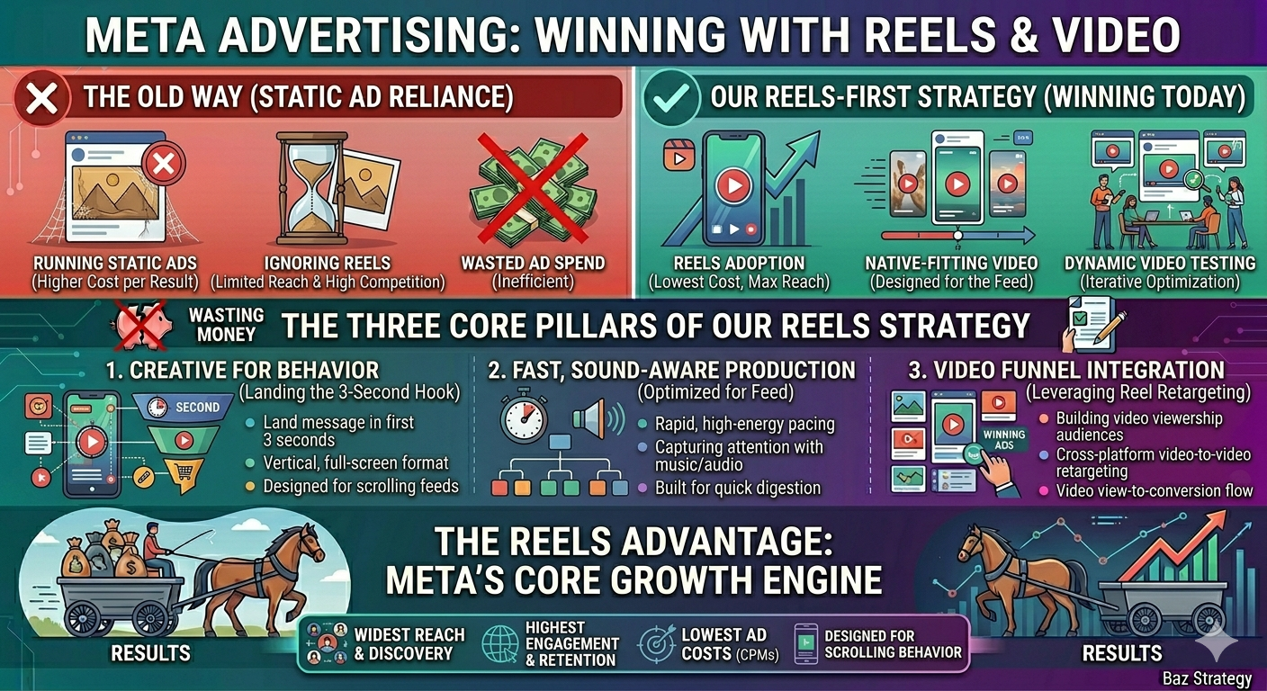 Infographic: Meta Advertising Strategy – The old way (static ads, ignoring Reels, wasted spend) vs Our Reels-First Strategy with three core pillars: Creative for Behavior, Fast Sound-Aware Production, and Video Funnel Integration. Highlights Meta's core growth engine with Reels.