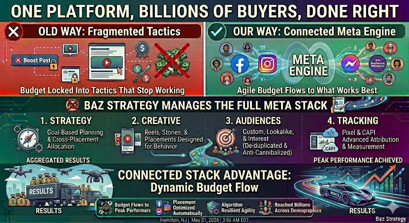 Infographic: One Platform, Billions of Buyers, Done Right – Old fragmented tactics (boost posts, locked budgets) vs Our Connected Meta Engine strategy. BAZ Strategy manages the full Meta stack (Strategy, Creative, Audiences, Tracking) for dynamic budget flow and peak performance.