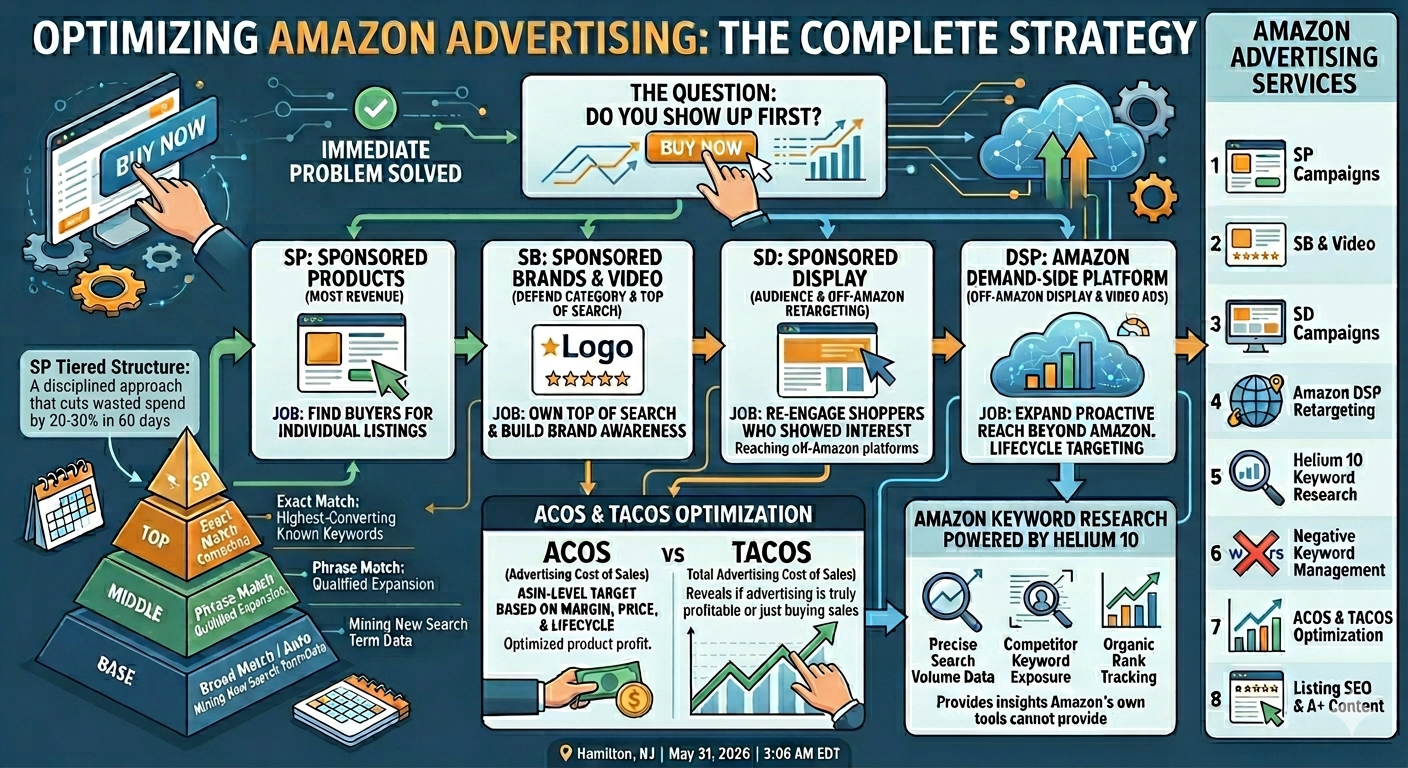 Infographic: Complete Amazon Advertising Strategy – Sponsored Products (SP), Sponsored Brands (SB), Sponsored Display (SD), DSP, ACOS vs TACOS, Helium 10 keyword research, and full-service optimization