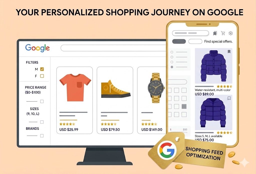 How Google Shopping connects product feeds to buyers across Google Search, Display, YouTube, Gmail, and Maps
