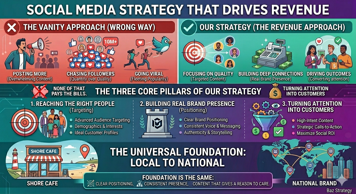 Infographic: Social Media Strategy That Drives Revenue – The wrong Vanity Approach (posting more, chasing followers, going viral) vs Our Revenue Approach with three core pillars: Reaching the Right People, Building Real Brand Presence, and Turning Attention into Customers. Works for local to national businesses.