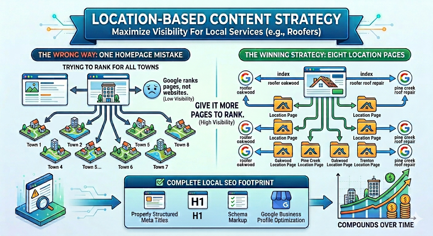 Infographic showing the wrong vs right way to do location-based SEO for local services like roofers