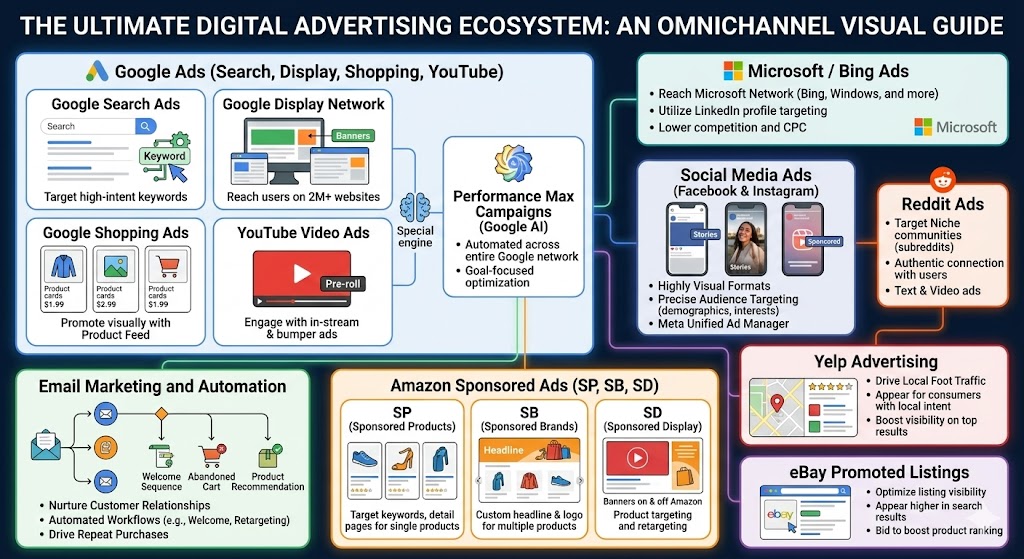 All paid advertising platforms managed by Baz Promotions including Google Ads, Meta, Amazon, TikTok, Reddit, and eBay