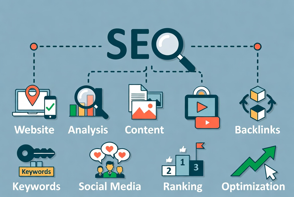 Complete SEO strategy infographic showing technical SEO, on-page optimization, local SEO, and content strategy layers